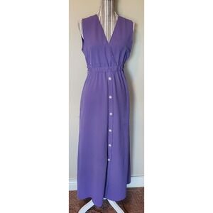 Alvina Purple Sleeveless‎ V-Neck Maxi Dress Elastic Waist Button Detail Size 38